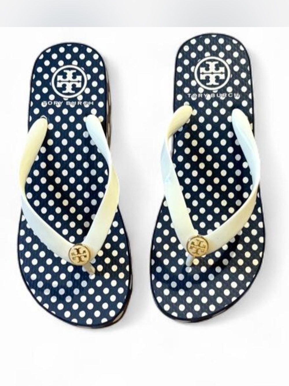 Tory Burch Navy Polka Dot wedge Flip Flops with Cream Straps and Gold Logo